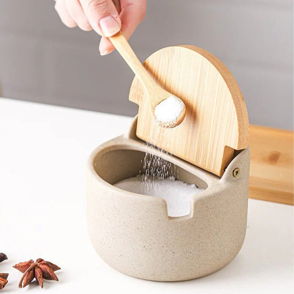 2-Piece Ceramic Spice Jar Set with Bamboo Lid and Spoon on Wooden Tray for Salt and Sugar