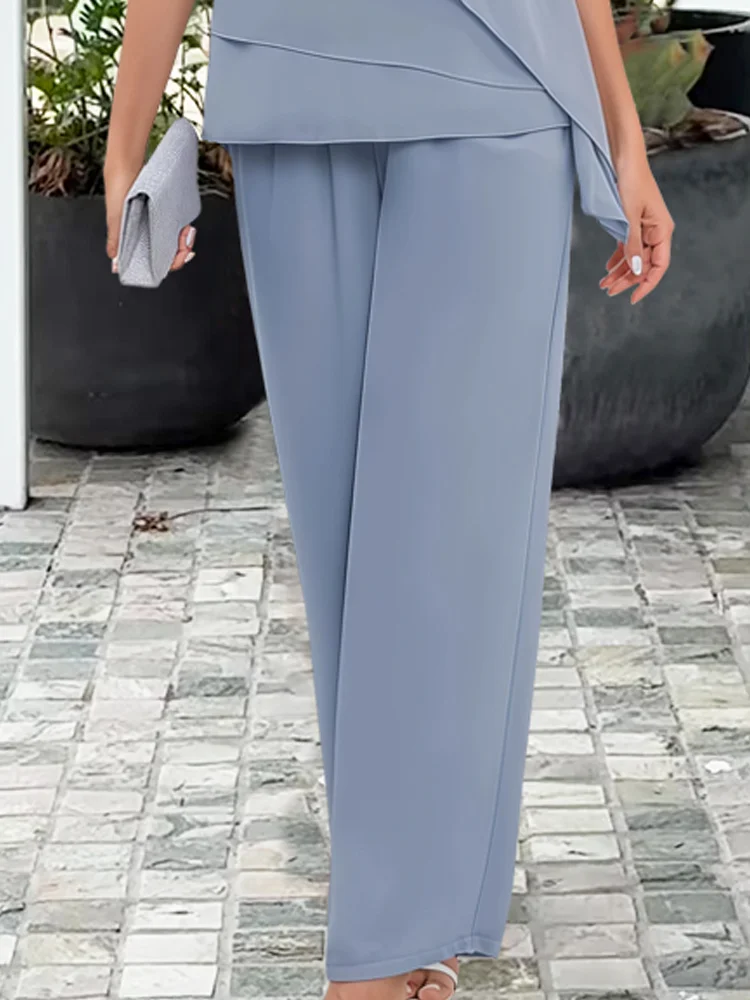 Women's Two-Piece Festive Set with Asymmetric Chiffon Top and Straight Pants Brooch Detail