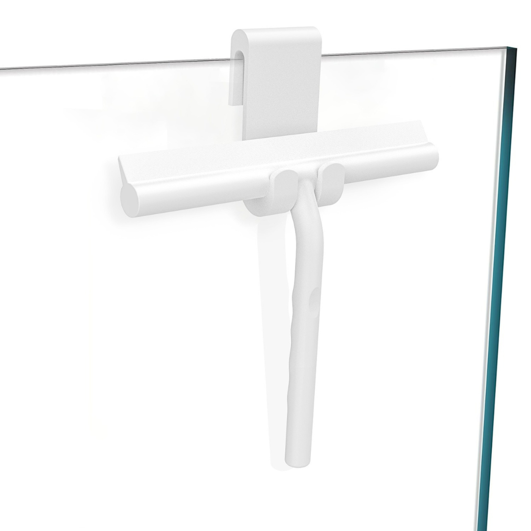 Silicone shower squeegee with matte black handle for glass, mirrors, and tiles, streak-free and compact