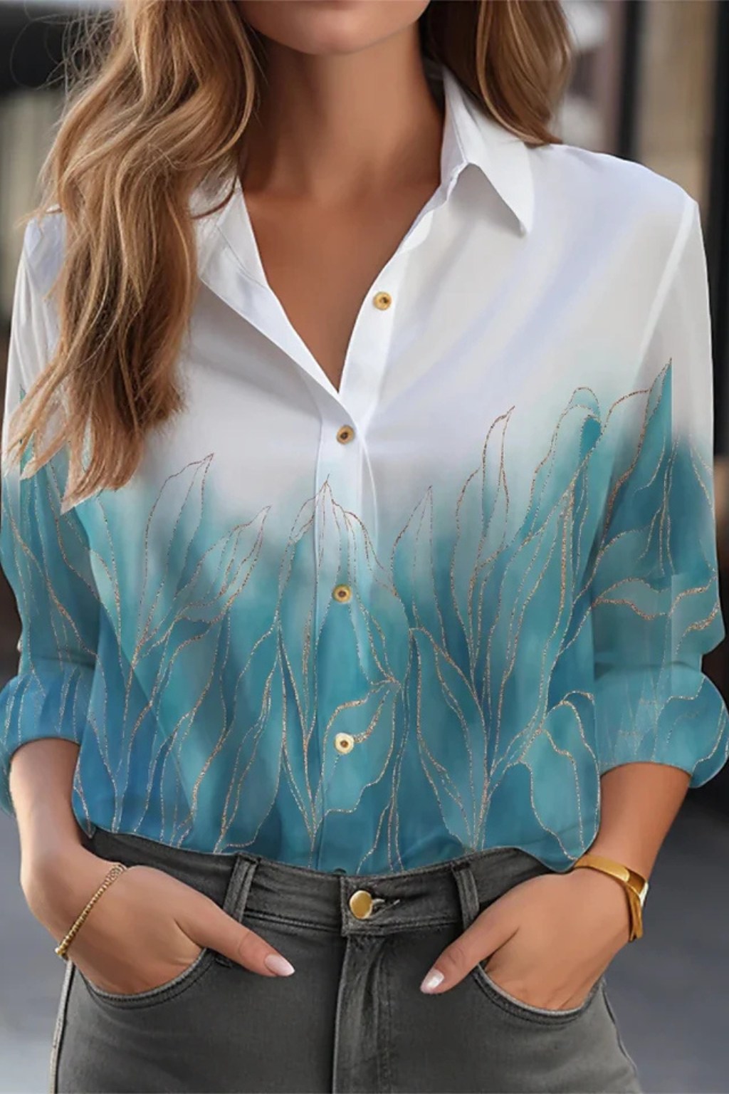 Women's Blouse with Floral Pattern and Long Sleeves