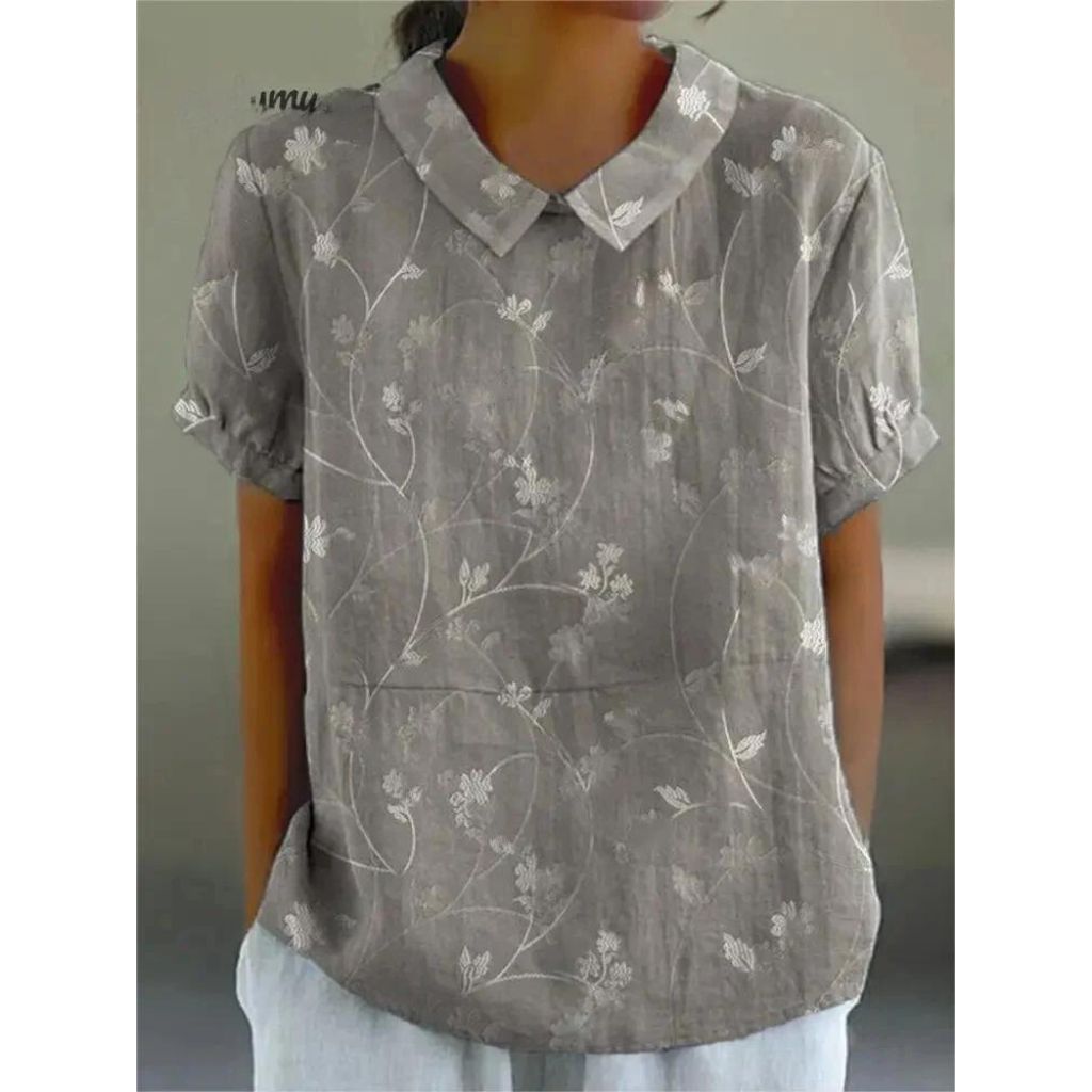 Women's Short Sleeve Blouse with Vintage Rose Print, Peter Pan Collar, and Puff Sleeves in Loose Fit