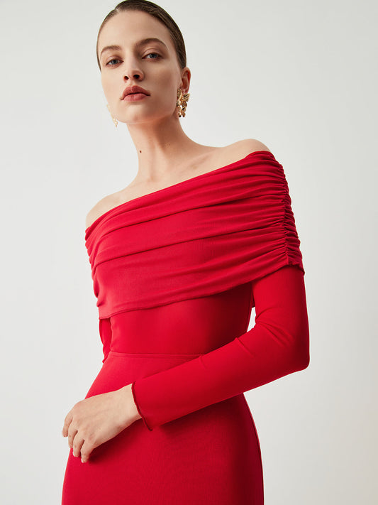Damen-Abendkleid bodenlang mit Carmen-Ausschnitt, langen Ärmeln und gerafftem Brustteil