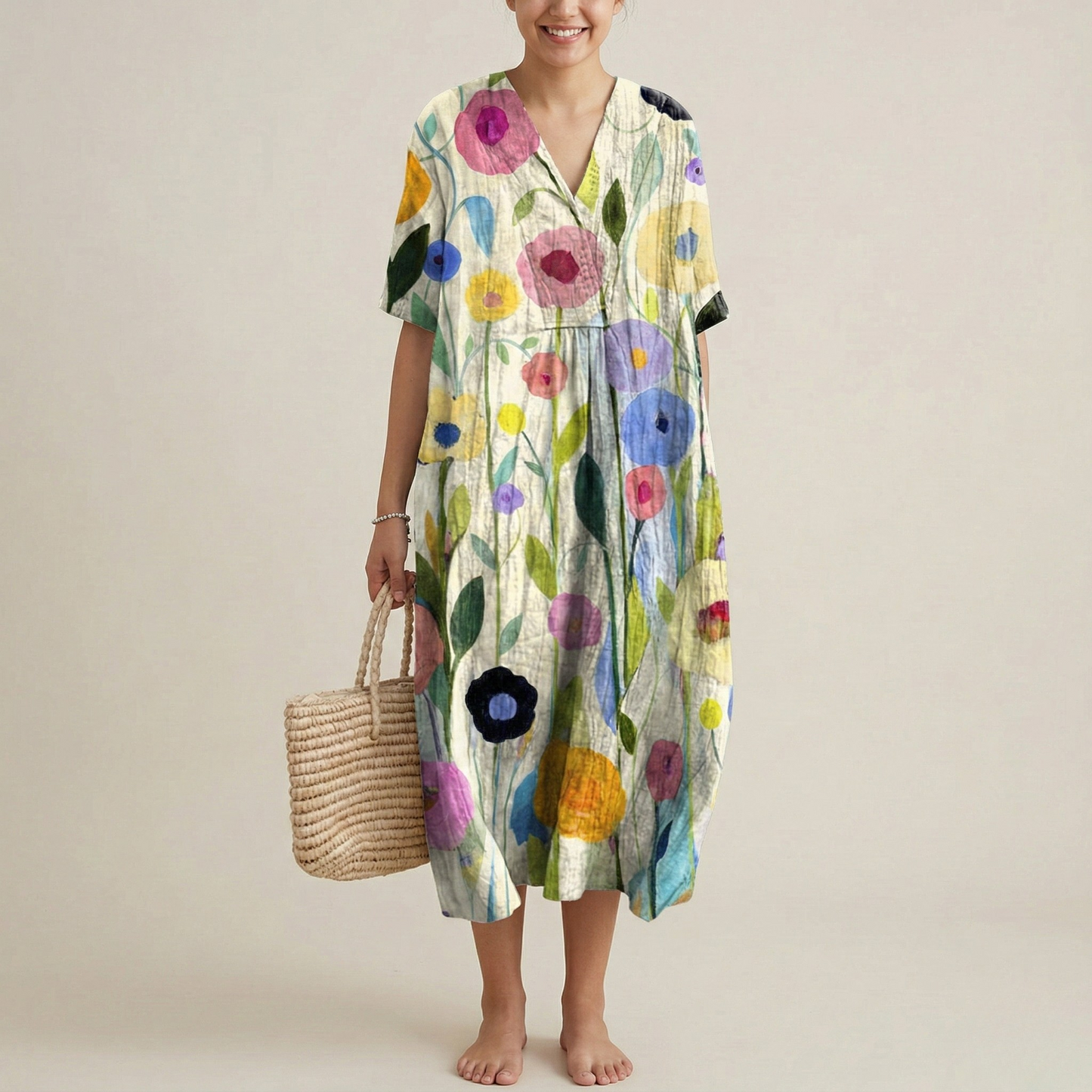 Women's Maxi Dress Cotton with Watercolor Floral Pattern V-Neck Short Sleeves Empire Cut Loose Fit