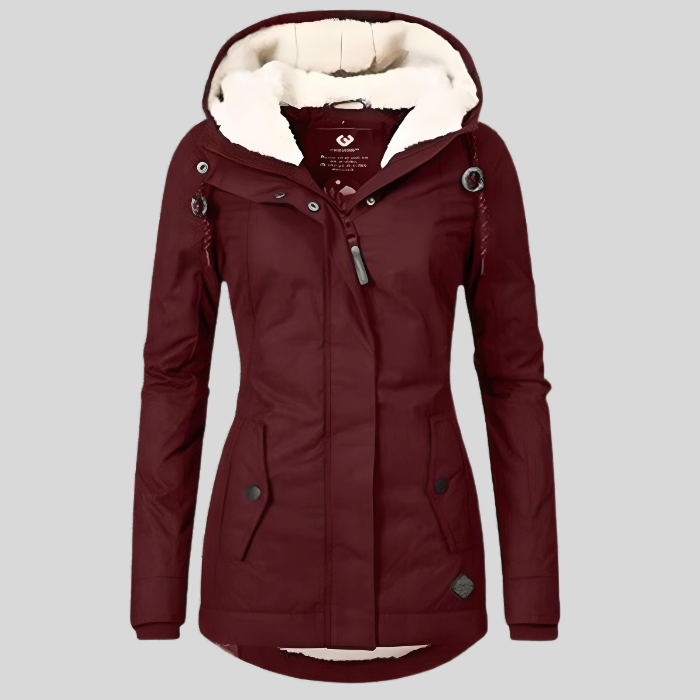 Long women's winter jacket with hood and water-repellent lining