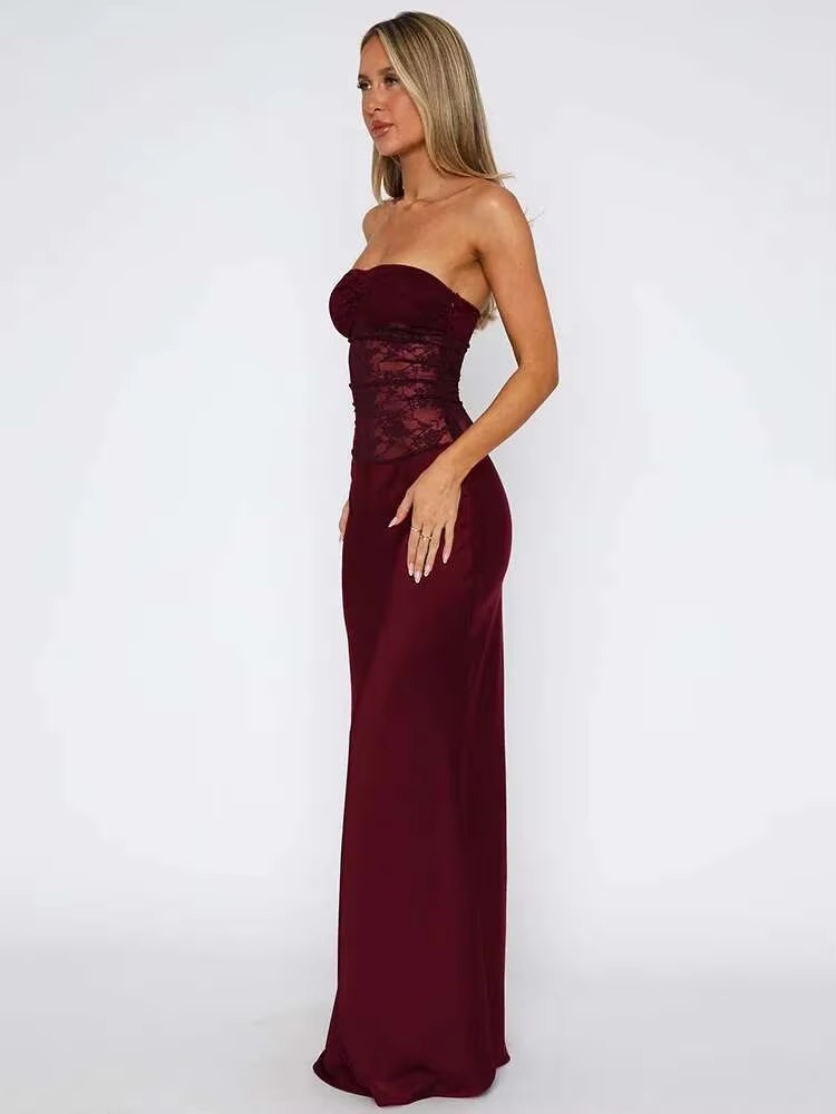 Kathy women's maxi dress with strapless design, lace details, and mermaid cut