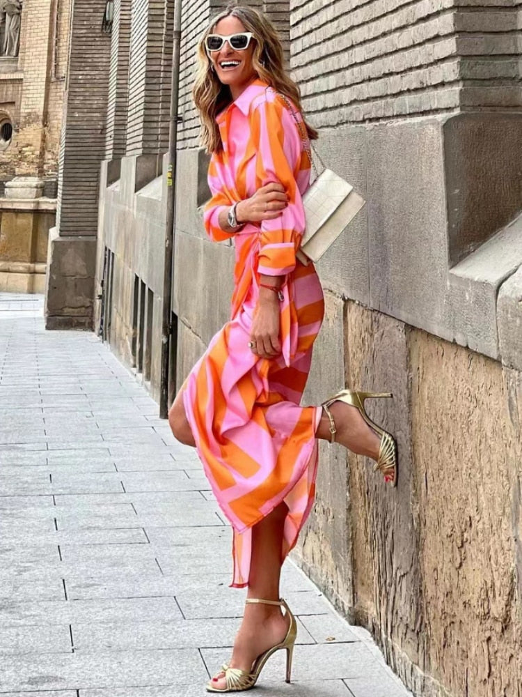 Women's Maxi Wrap Dress with Geometric Print, Shirt Collar, and Long Sleeves in Satin Look
