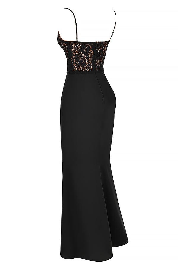 Floor-length women's evening dress with lace top and spaghetti straps