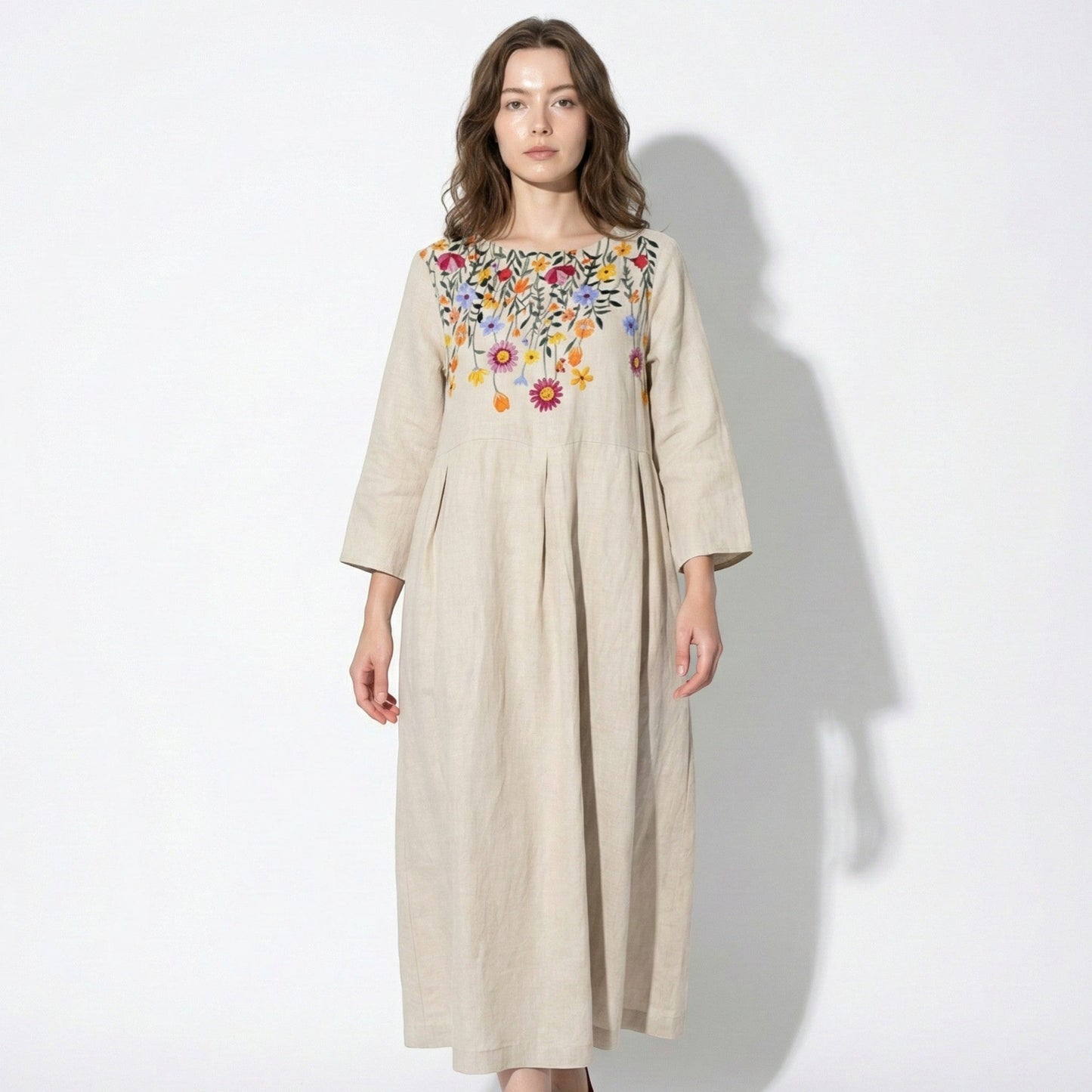 Women's Linen Maxi Dress with Boat Neck and Box Pleats Long Sleeve Loose A-Line Cut