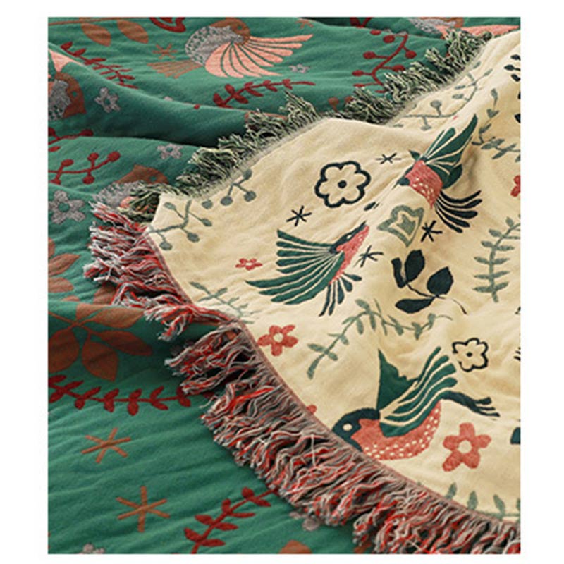 Boho cotton reversible blanket with bird and flower jacquard pattern, fringes, multi-layered sofa cover