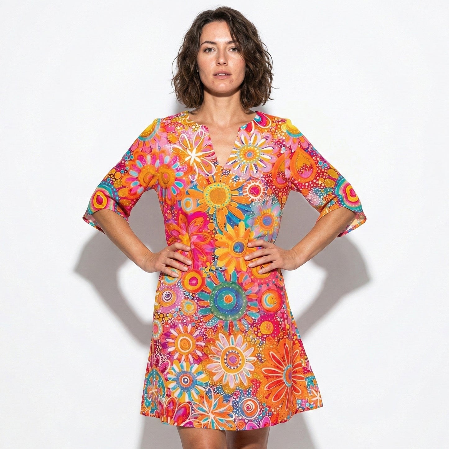 Women's Tunic Dress with V-Neck and Floral Pattern Half Sleeve Loose A-Line Cut made of Blended Fabric