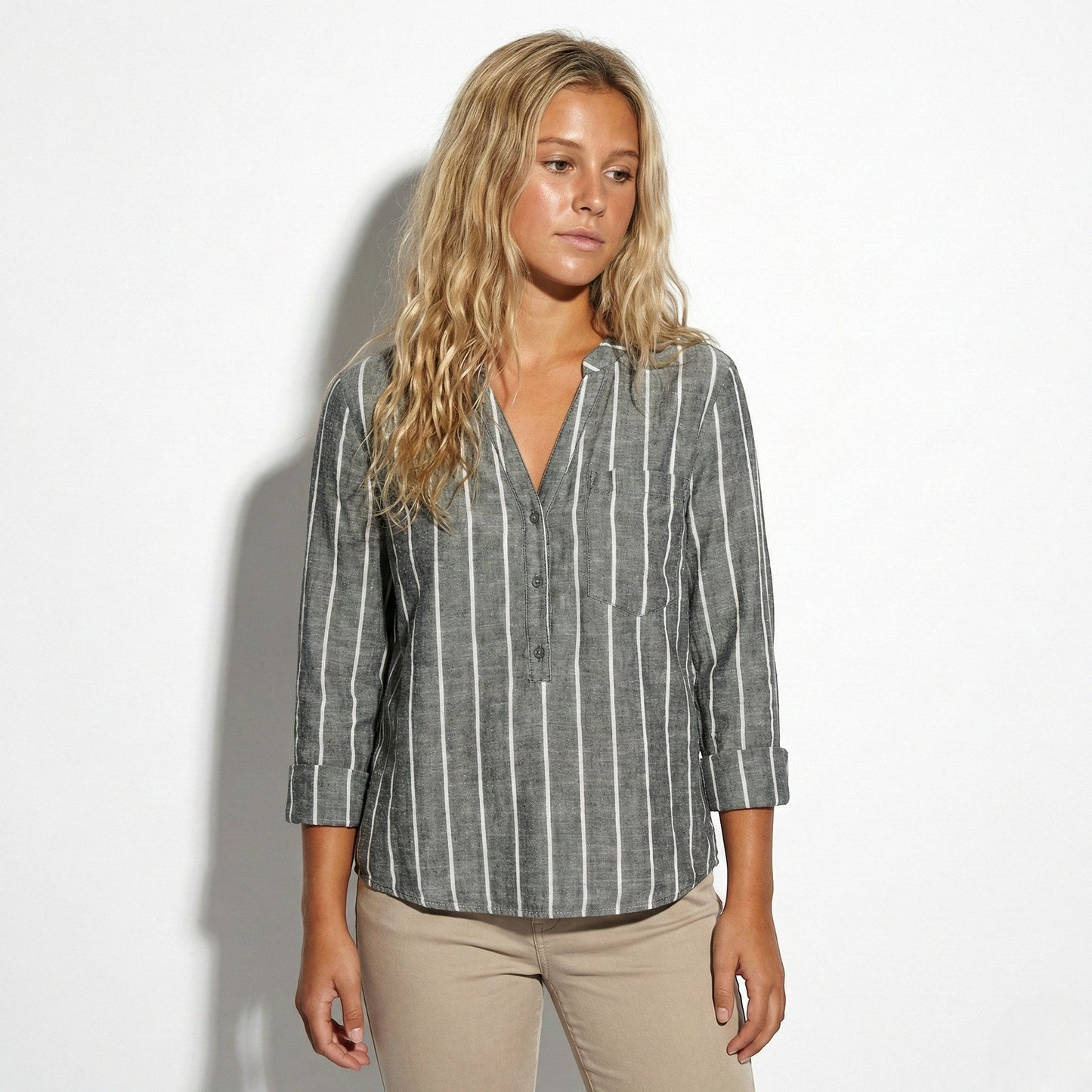 Women's Henley Blouse with Stand Collar and Stripe Pattern Roll-Up Sleeves with Tab made of Lightweight Blended Fabric