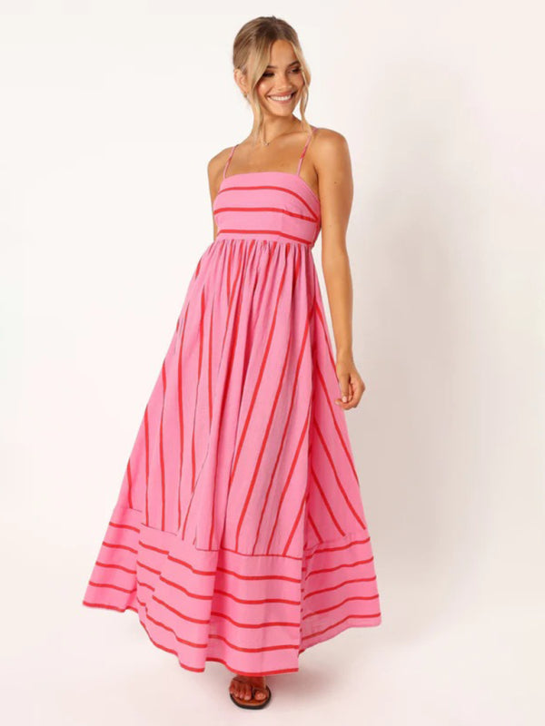 Striped women's maxi dress with sleeveless back design