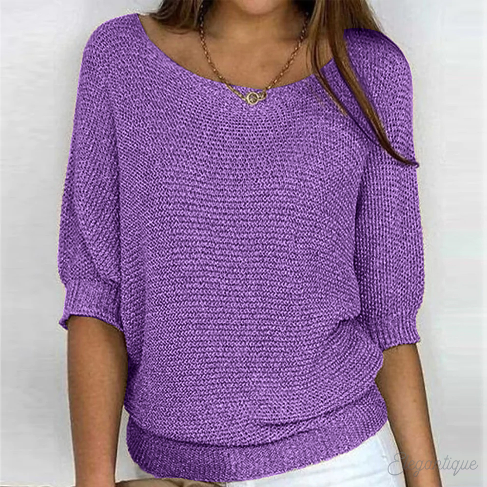 Women's knitted sweater with wide boat neckline and 3/4 sleeves
