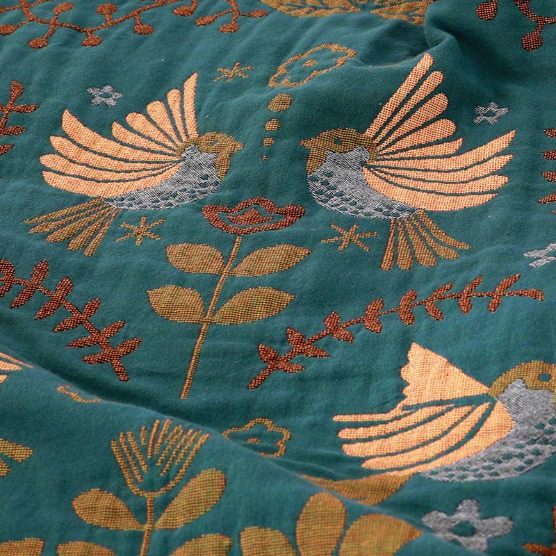 Boho cotton reversible blanket with bird and flower jacquard pattern, fringes, multi-layered sofa cover