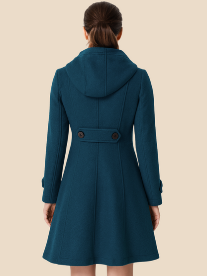 A-line women's coat with hood and button closure