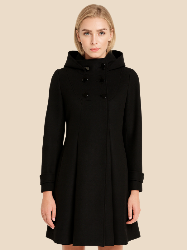 A-line women's coat with hood and button closure