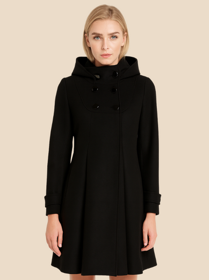 A-line women's coat with hood and button closure