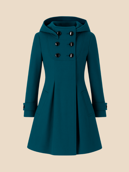 A-line women's coat with hood and button closure