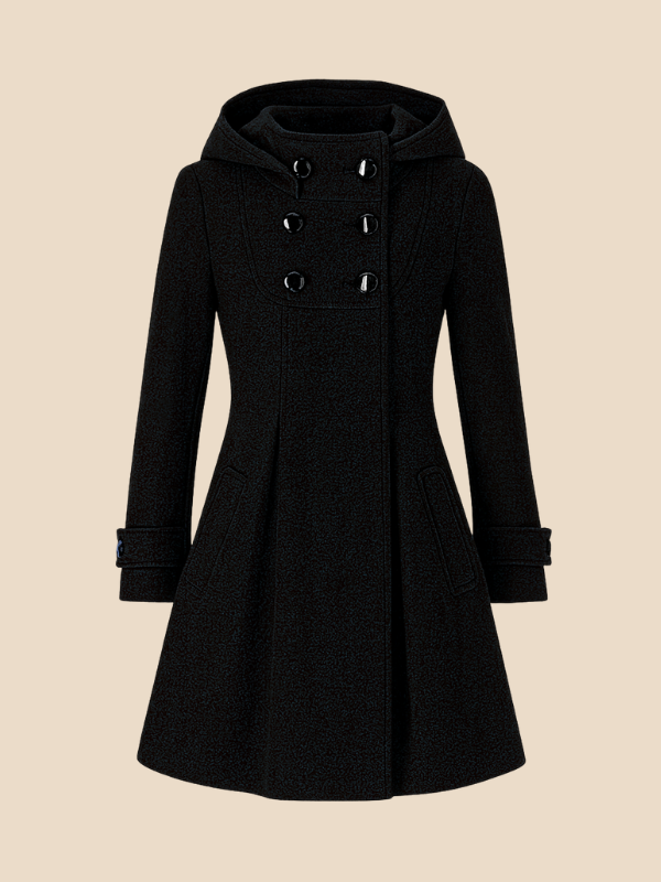A-line women's coat with hood and button closure