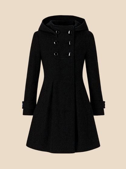 A-line women's coat with hood and button closure