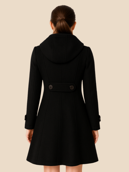 A-line women's coat with hood and button closure