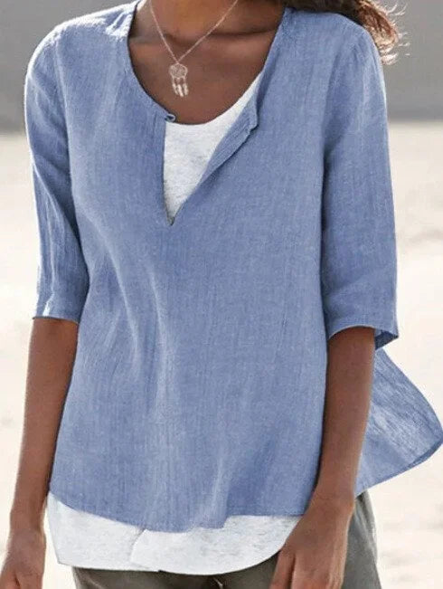 Women's Linen Blouse with Half-Length Sleeves Loose Fit Hip-Length Layered Look