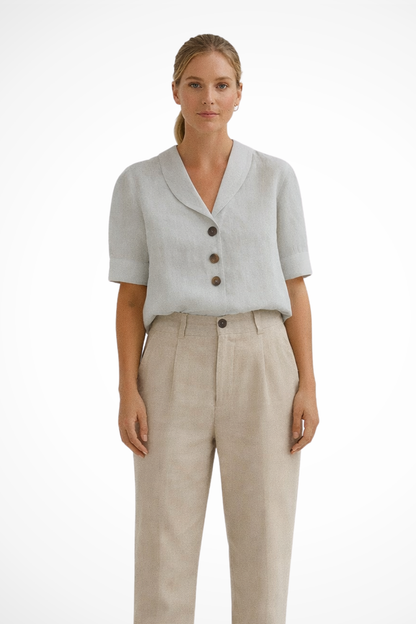 Women's Blouse Short Sleeves with Shawl Collar and Button Placket in Linen Blend Loose Fit
