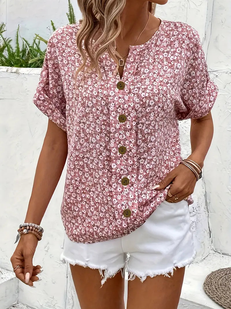 Women's Top with Button Placket and Short Sleeves for Summer