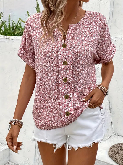 Women's Top with Button Placket and Short Sleeves for Summer