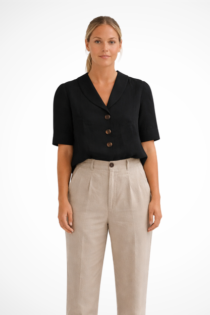 Women's Blouse Short Sleeves with Shawl Collar and Button Placket in Linen Blend Loose Fit