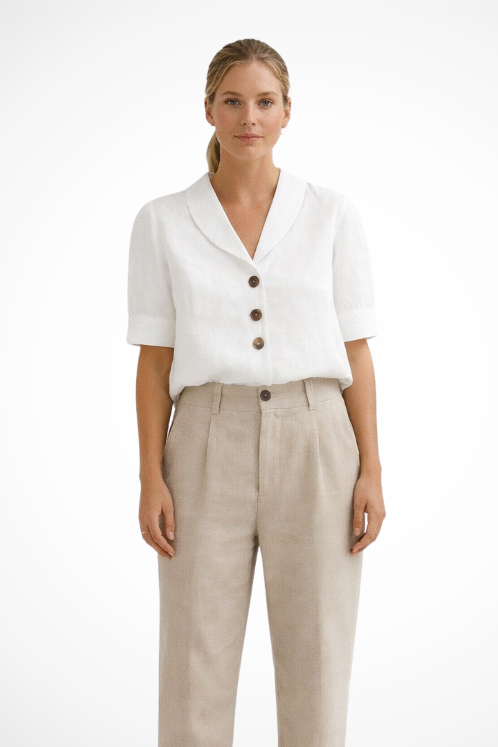 Women's Blouse Short Sleeves with Shawl Collar and Button Placket in Linen Blend Loose Fit