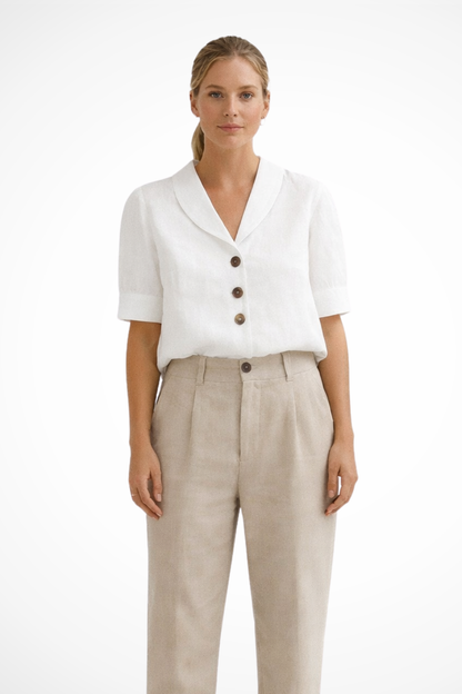 Women's Blouse Short Sleeves with Shawl Collar and Button Placket in Linen Blend Loose Fit