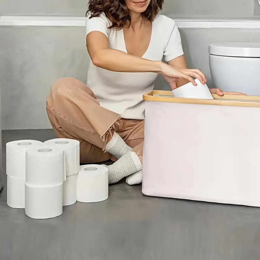 Narrow trash bin with bamboo frame for bathroom and kitchen, space-saving between furniture and toilet