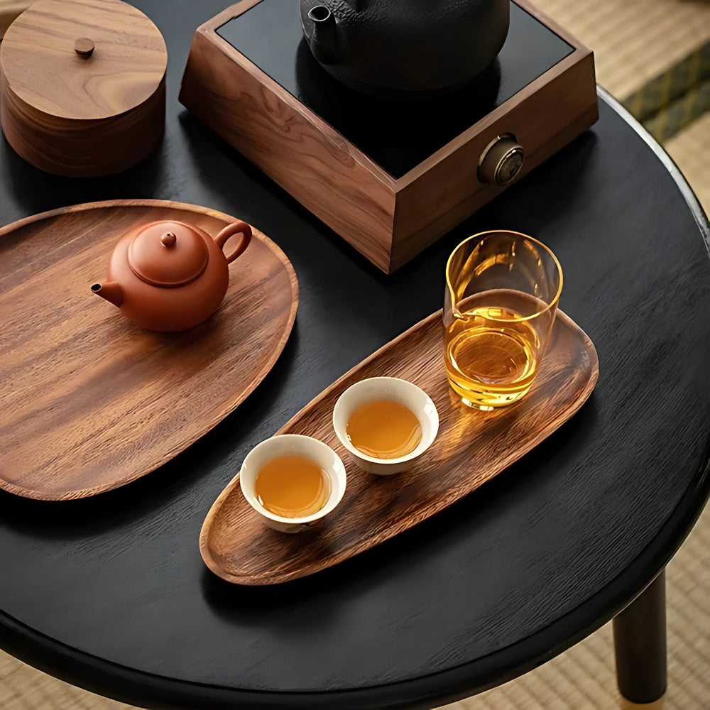 Acacia wood serving trays 5-piece set oval with natural grain, stackable in various sizes