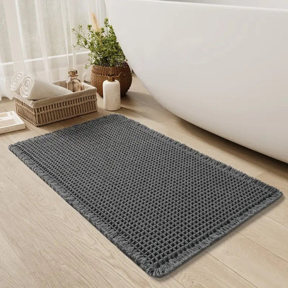 Bath mat with waffle texture and fringes, non-slip and quick-drying made of soft microfiber chenille