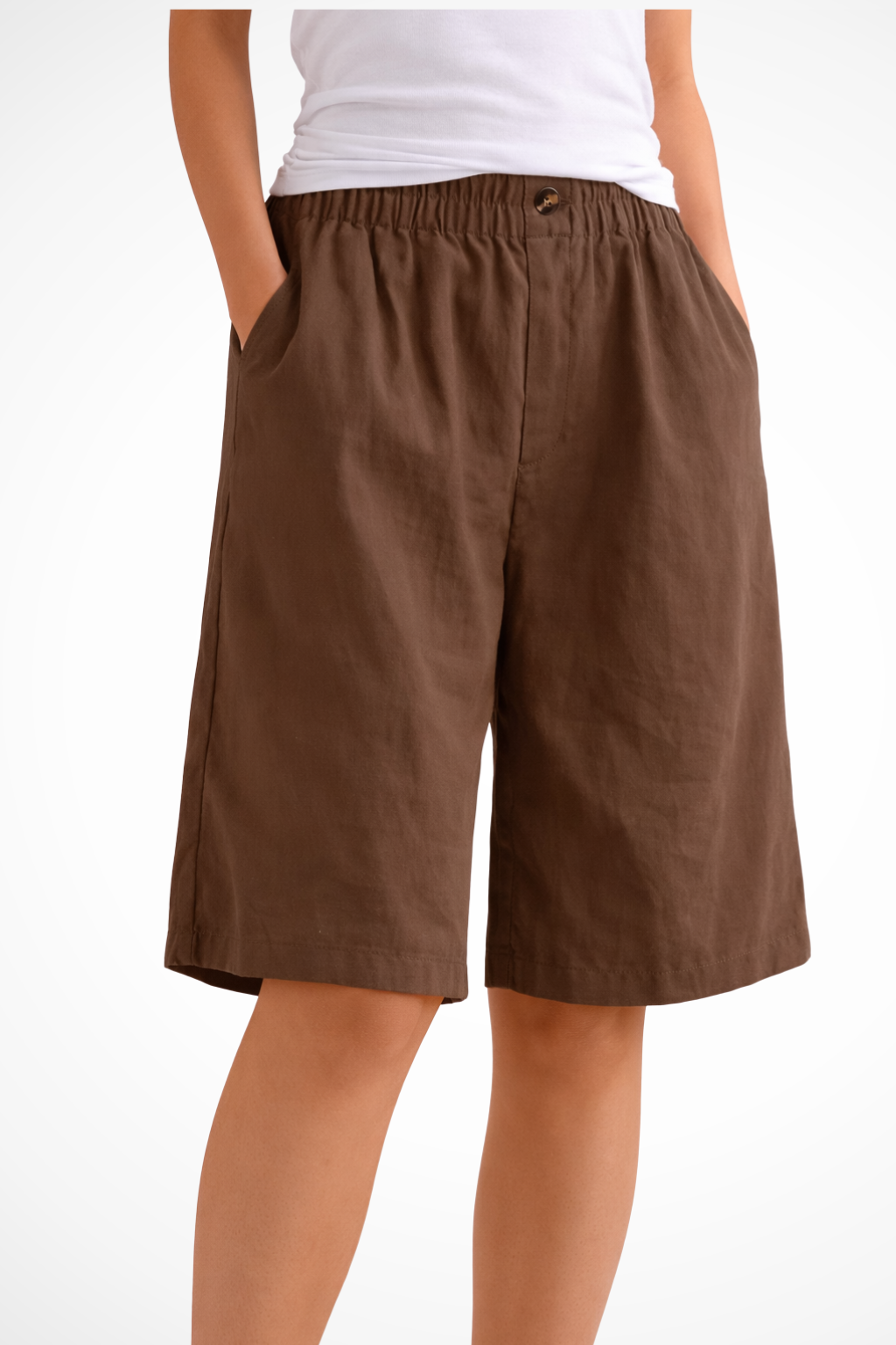Women's Bermuda Shorts with Elastic Waistband and Side Pockets Wide A-Line Cut in Linen Blend