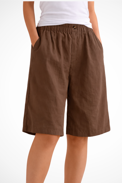 Women's Bermuda Shorts with Elastic Waistband and Side Pockets Wide A-Line Cut in Linen Blend