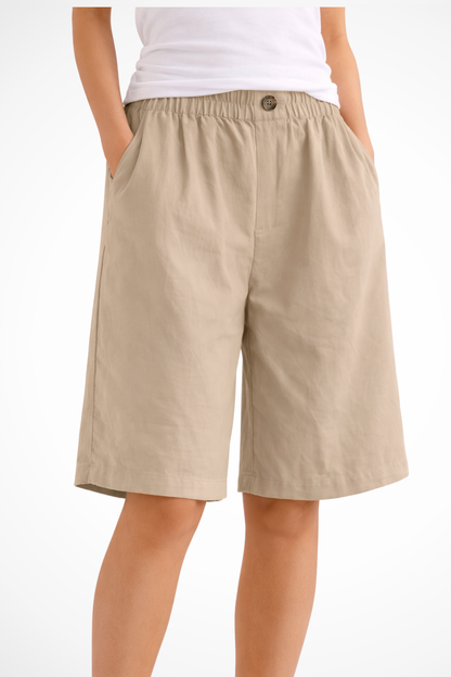 Women's Bermuda Shorts with Elastic Waistband and Side Pockets Wide A-Line Cut in Linen Blend
