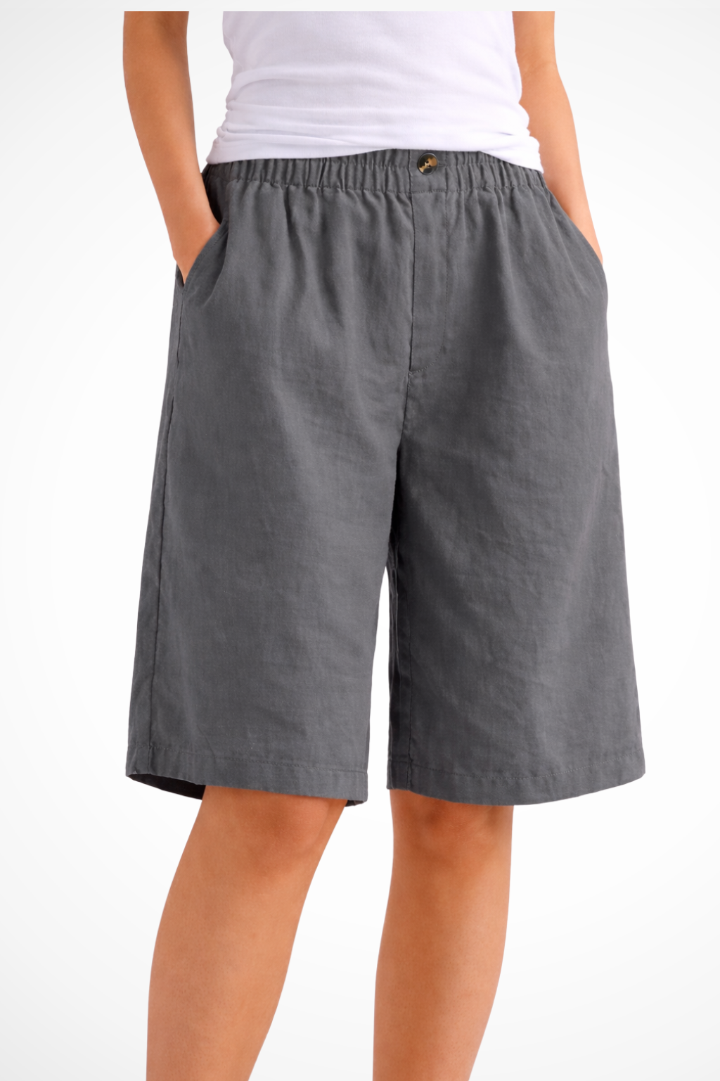 Women's Bermuda Shorts with Elastic Waistband and Side Pockets Wide A-Line Cut in Linen Blend