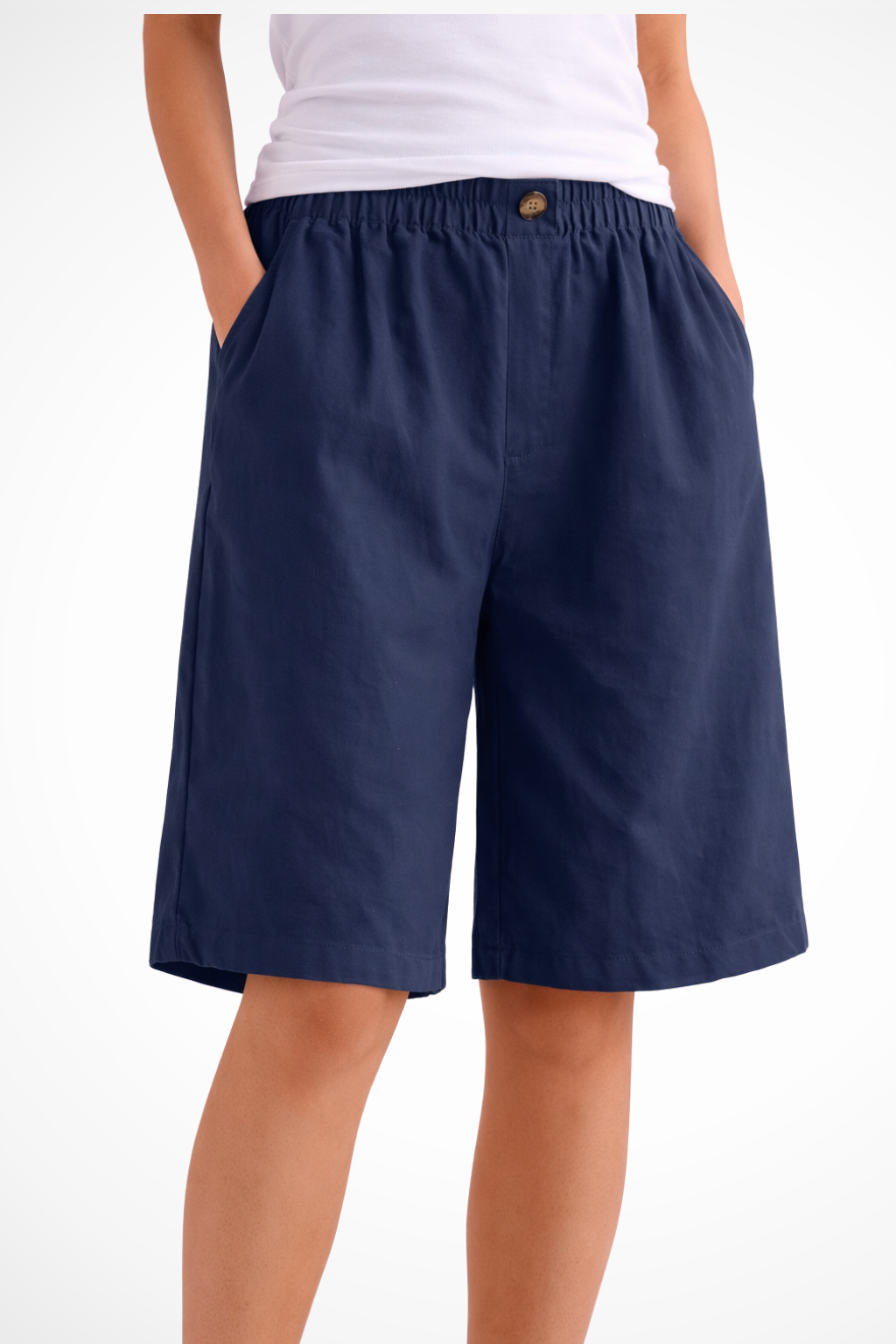 Women's Bermuda Shorts with Elastic Waistband and Side Pockets Wide A-Line Cut in Linen Blend