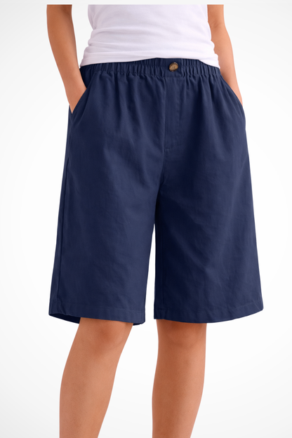 Women's Bermuda Shorts with Elastic Waistband and Side Pockets Wide A-Line Cut in Linen Blend