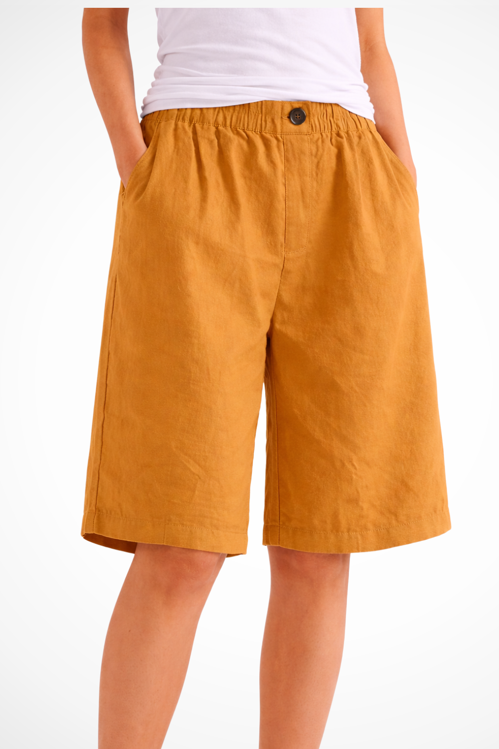 Women's Bermuda Shorts with Elastic Waistband and Side Pockets Wide A-Line Cut in Linen Blend