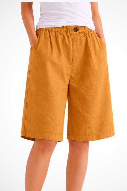 Women's Bermuda Shorts with Elastic Waistband and Side Pockets Wide A-Line Cut in Linen Blend