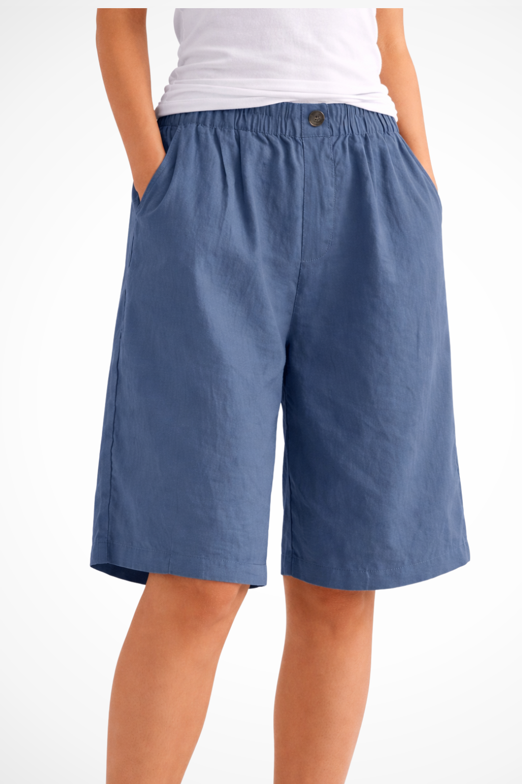 Women's Bermuda Shorts with Elastic Waistband and Side Pockets Wide A-Line Cut in Linen Blend