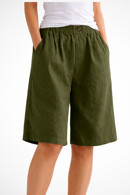 Women's Bermuda Shorts with Elastic Waistband and Side Pockets Wide A-Line Cut in Linen Blend