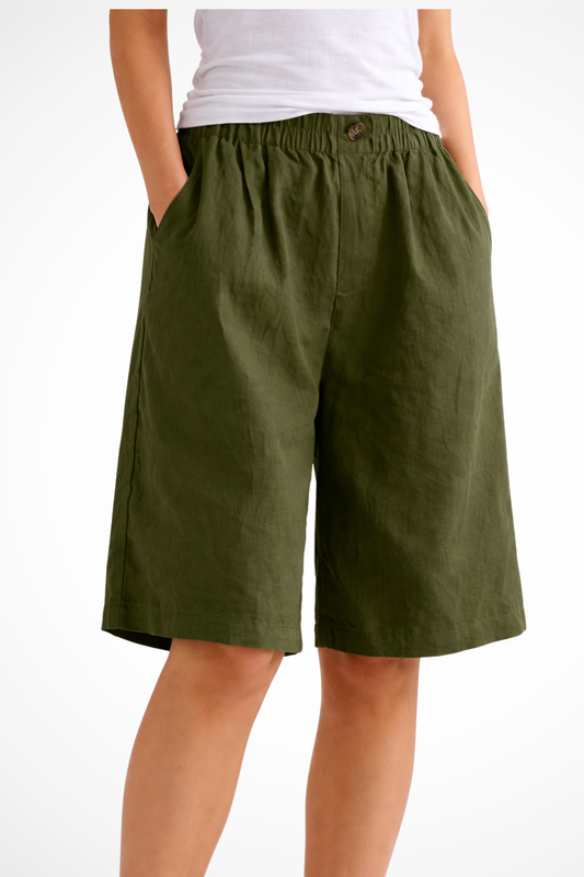 Women's Bermuda Shorts with Elastic Waistband and Side Pockets Wide A-Line Cut in Linen Blend