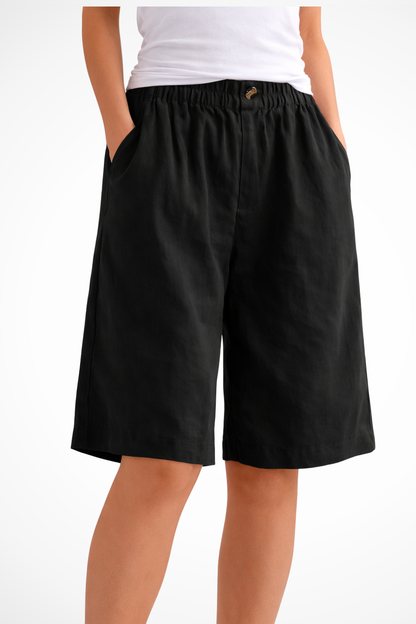 Women's Bermuda Shorts with Elastic Waistband and Side Pockets Wide A-Line Cut in Linen Blend