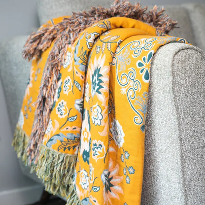 Boho cotton reversible throw with mandala pattern and fringes, sofa cover multi-layered