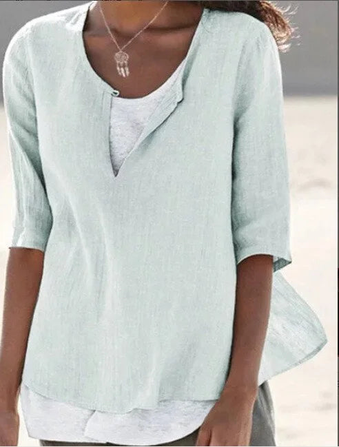 Women's Linen Blouse with Half-Length Sleeves Loose Fit Hip-Length Layered Look