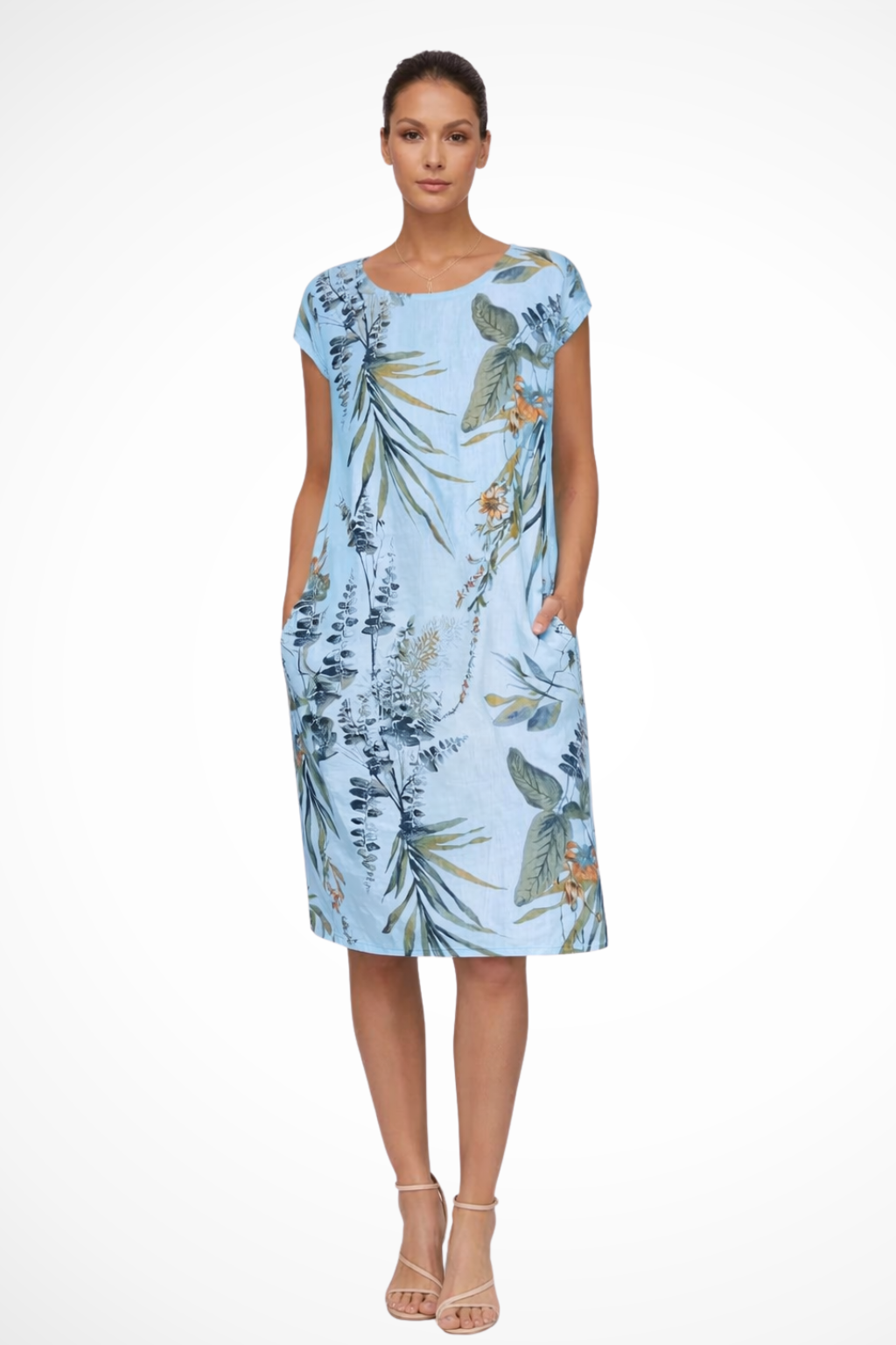 Women's Summer Dress with Botanical Print Knee-Length Cap Sleeves Loose Fit with Side Pockets